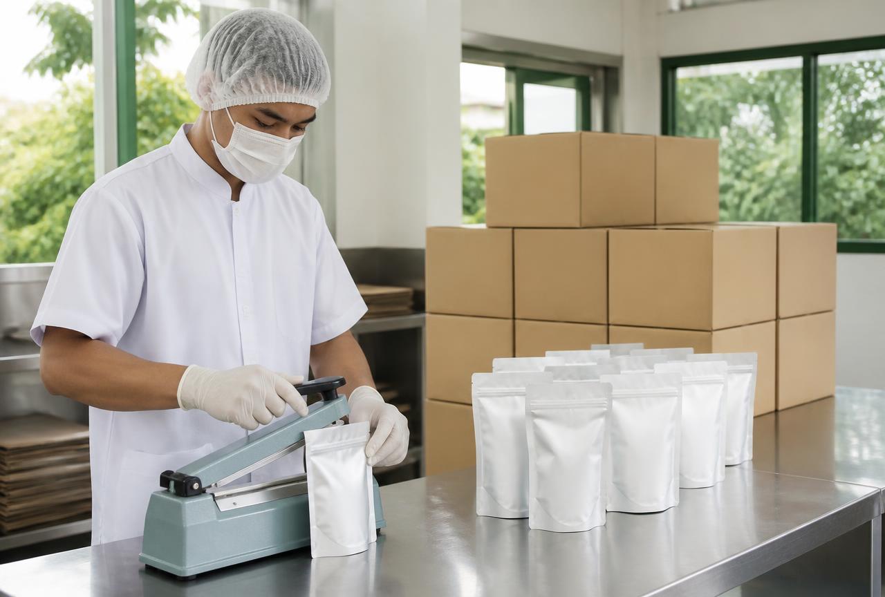 Proses pengemasan pouch kedap udara di fasilitas produksi